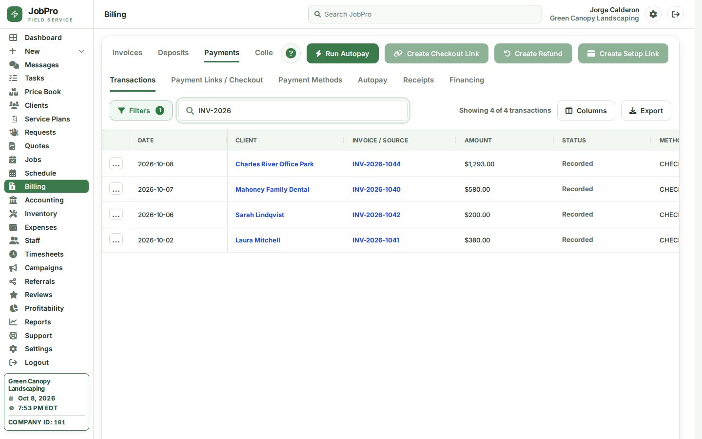 Payments tab: check payments recorded against invoices