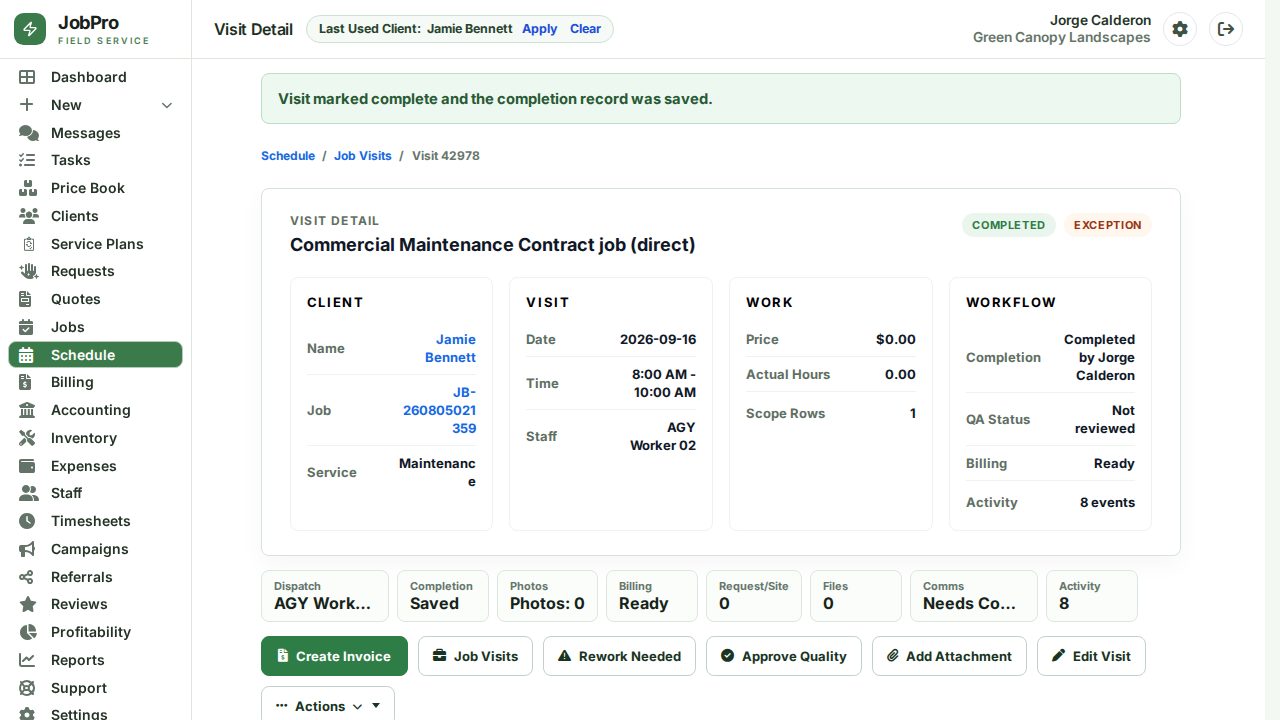 Visit marked complete with the completion record saved