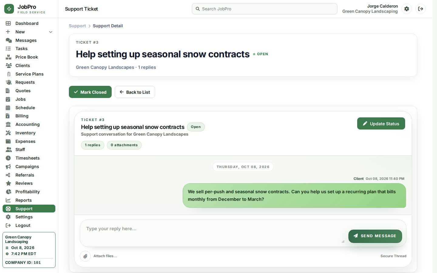 Support ticket: asking for help setting up seasonal snow contracts