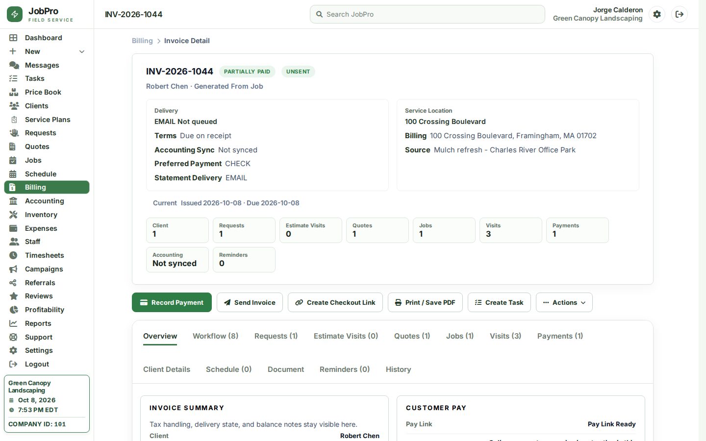 Invoice for an office park mulch job with a deposit applied