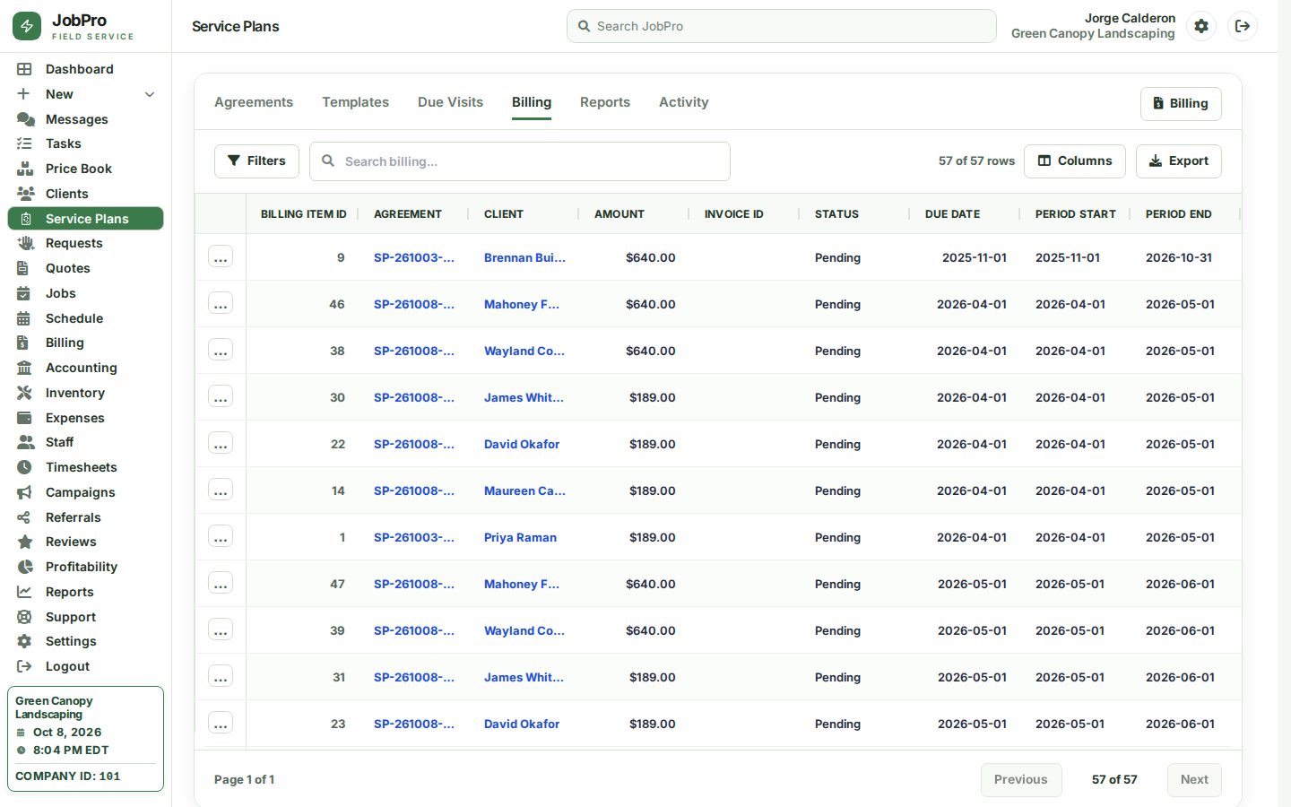 Plan billing items ready to invoice