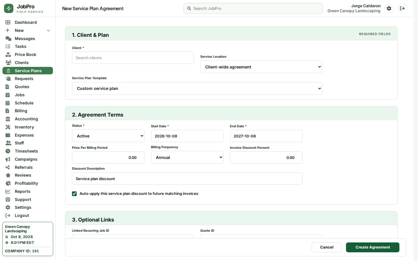 New agreement: client, plan, price, billing frequency, dates and discount