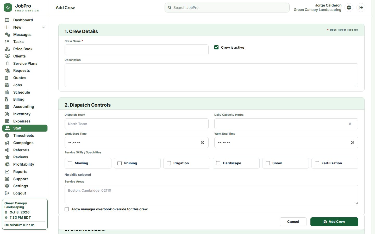 Creating a crew with a dispatch team and daily capacity
