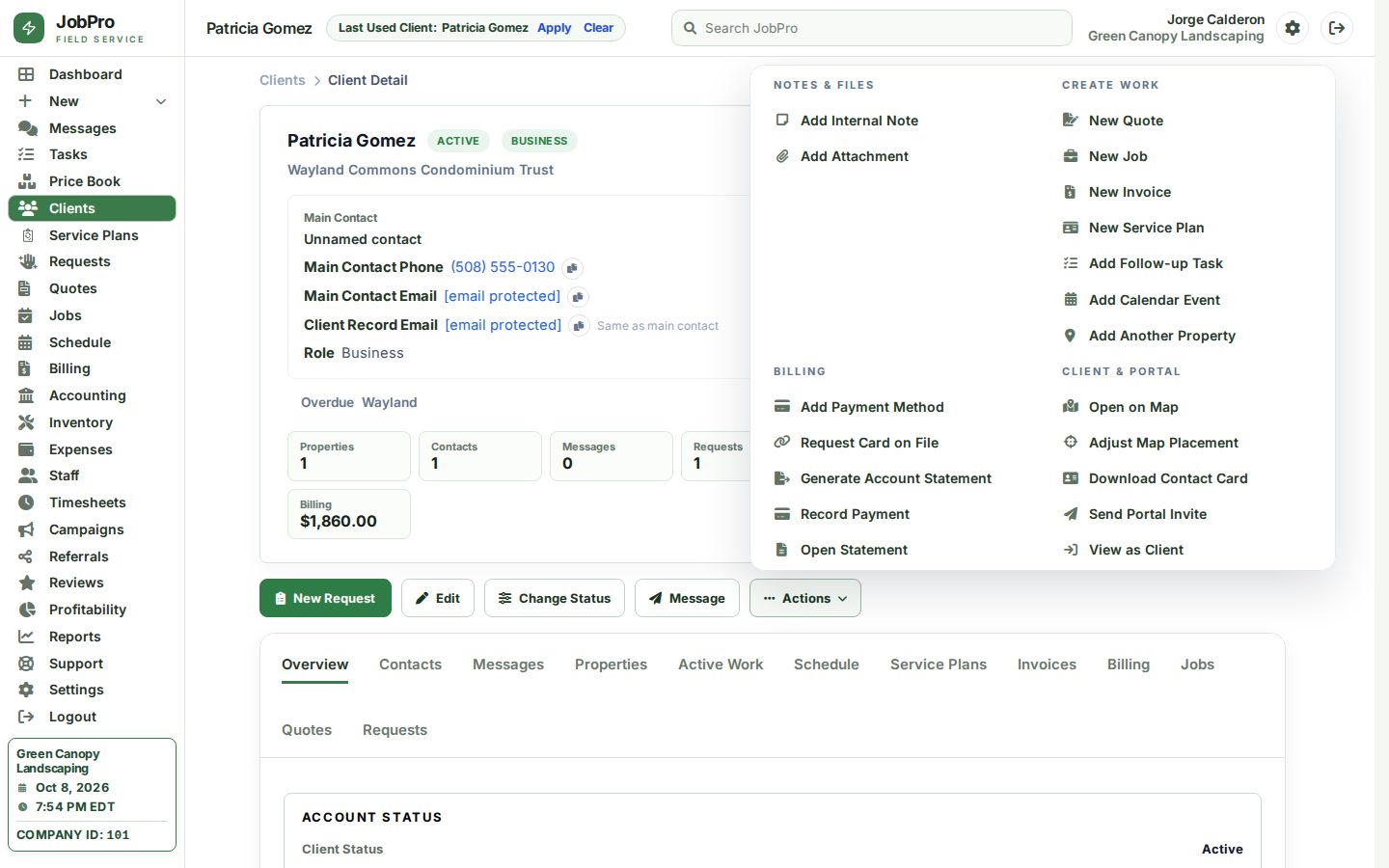 Client with a past-due balance: account actions include statements and reminders